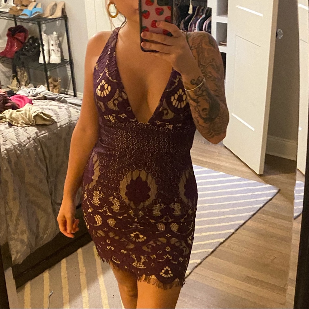 fitted plum lace detail dress